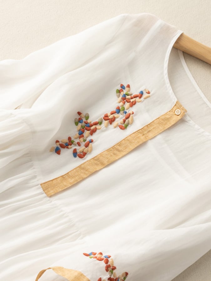 Rosalind Women's Cotton Linen Dress – Embroidered Boho Ethnic Midi Dress