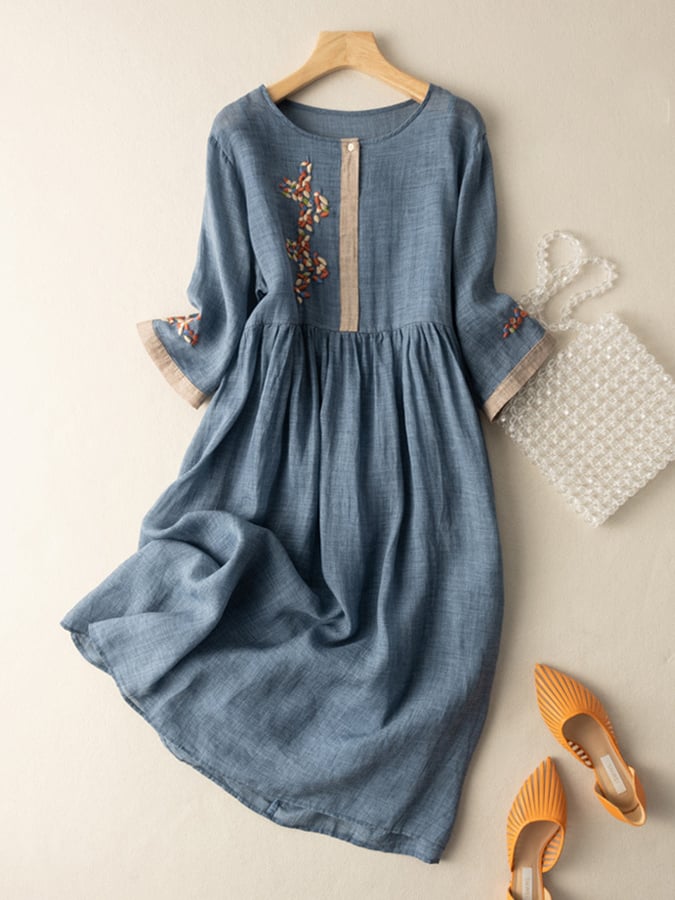 Rosalind Women's Cotton Linen Dress – Embroidered Boho Ethnic Midi Dress