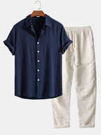 Callum Men's Summer Co-Ord Set – Linen Look Short Sleeve Shirt & Trousers
