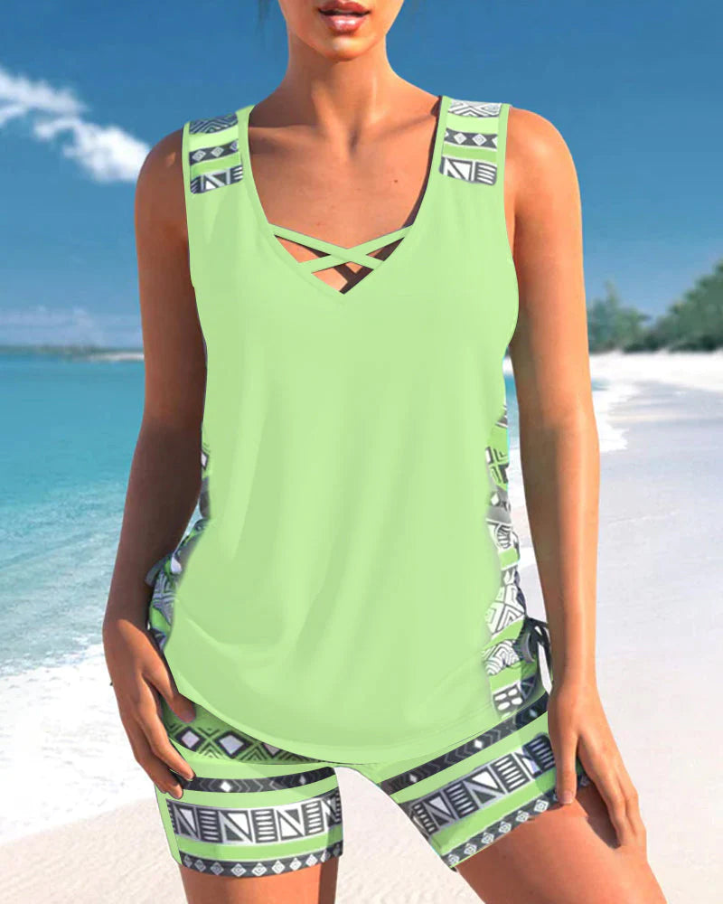 Lanie Women's Tankini Set – Geometric Print Tummy Coverage Swimwear with Shorts