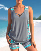 Lanie Women's Tankini Set – Geometric Print Tummy Coverage Swimwear with Shorts
