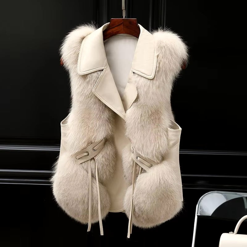 Hazel Women's Faux Fur Gilet – Oversized Lapel Tie Waist Smart Casual Vest