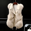 Hazel Women's Faux Fur Gilet – Oversized Lapel Tie Waist Smart Casual Vest