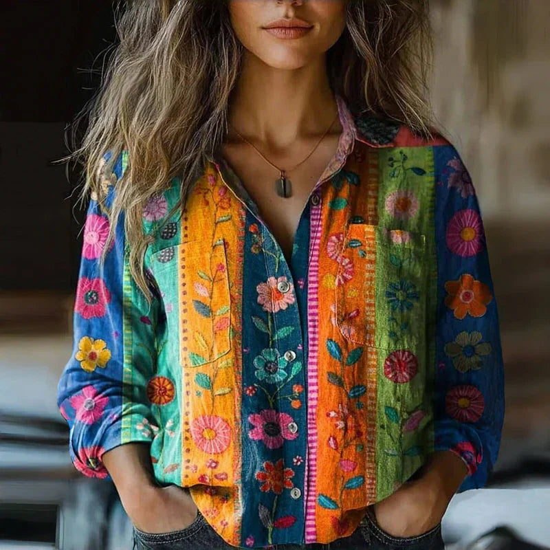 Elise Women's Vintage Blouse – Ethnic Print Button Up Long Sleeve Shirt