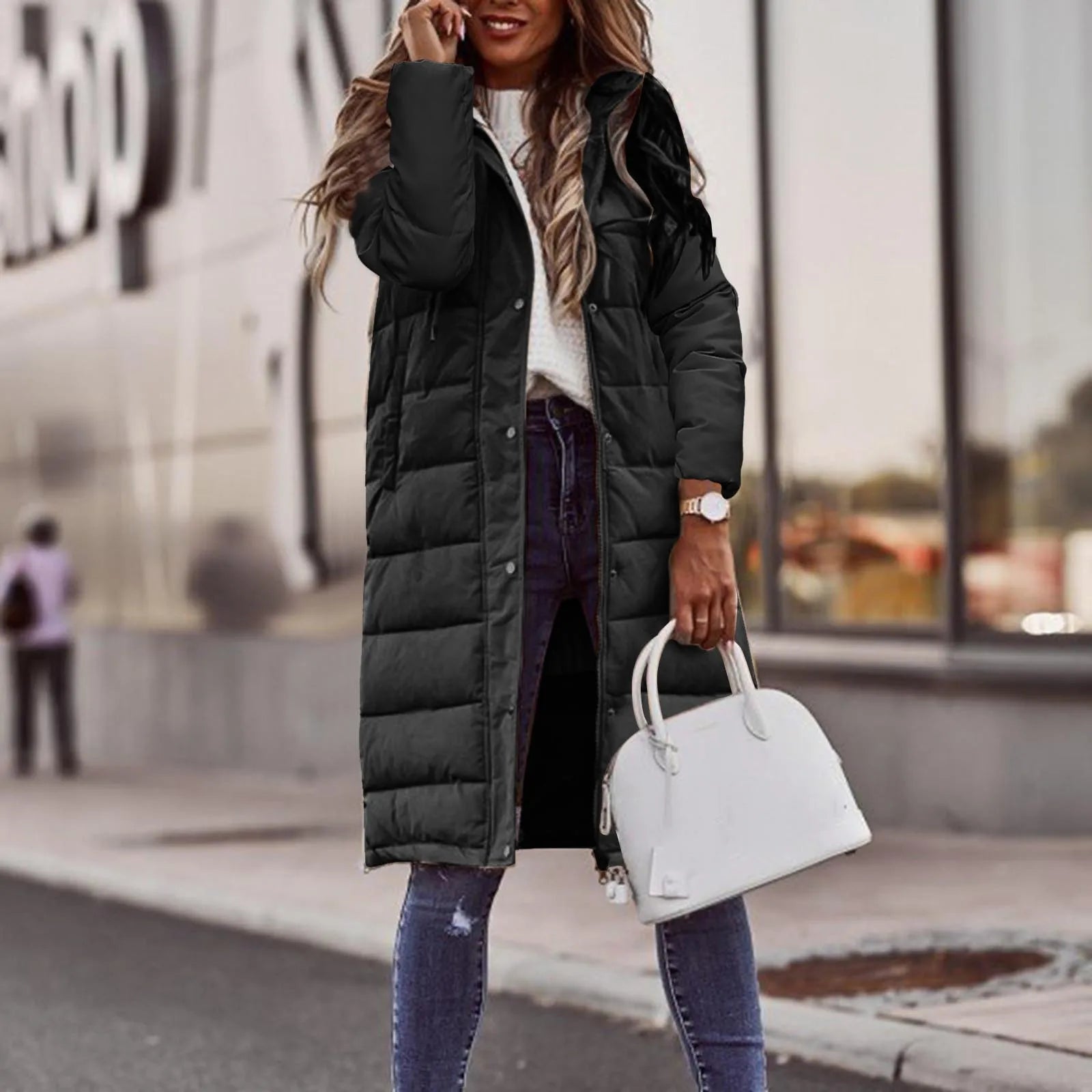 Rowena Women's Long Puffer Coat – Adjustable Hood, Two-Way Zip & Deep Pockets