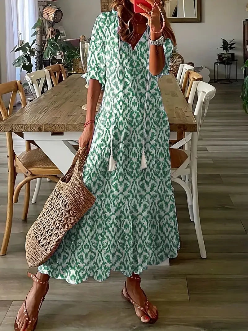 Primrose Women's Boho Maxi Dress – Ikat Print V-Neck Frill Summer Dress