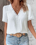 Abigail Women's Cotton Lace Blouse – Vintage Puff Sleeve Round Neck Top