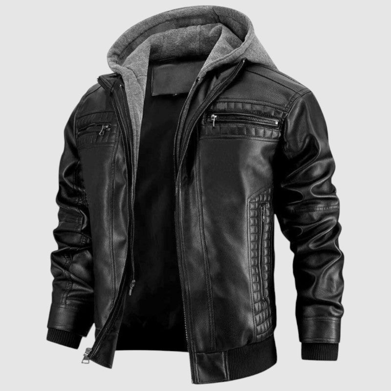 Miles Men's Leather Biker Jacket – Genuine Leather Hooded Retro Motorcycle Coat