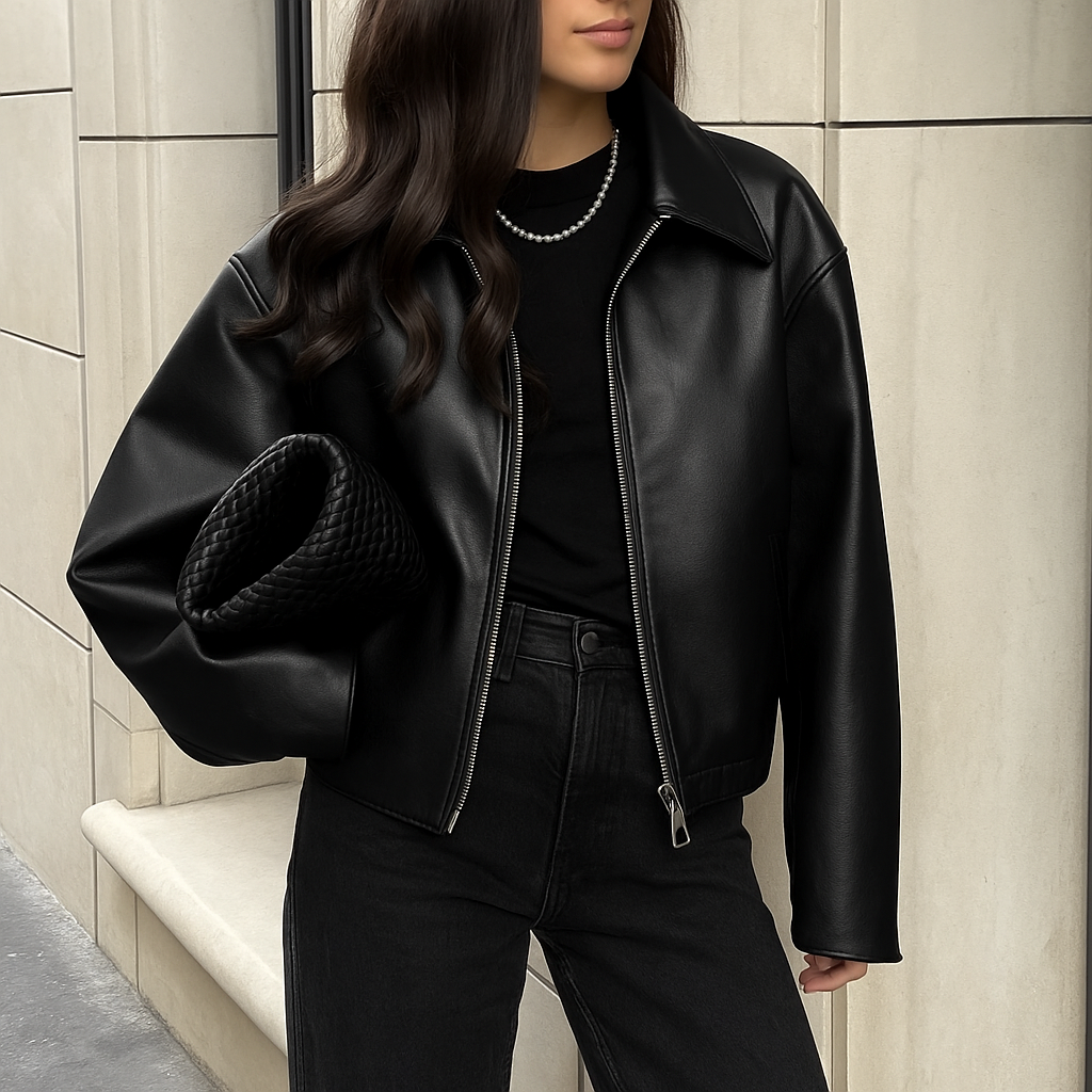 Averity Women's Faux Leather Bomber Jacket – Relaxed Oversized Fit & Ribbed Cuffs