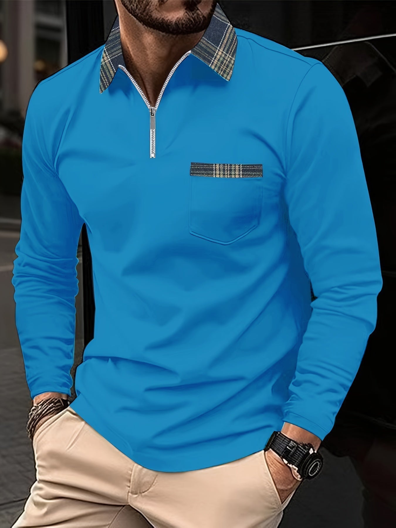 Simon Men's Long Sleeve Polo Shirt – Quarter Zip Checked Smart Casual Top