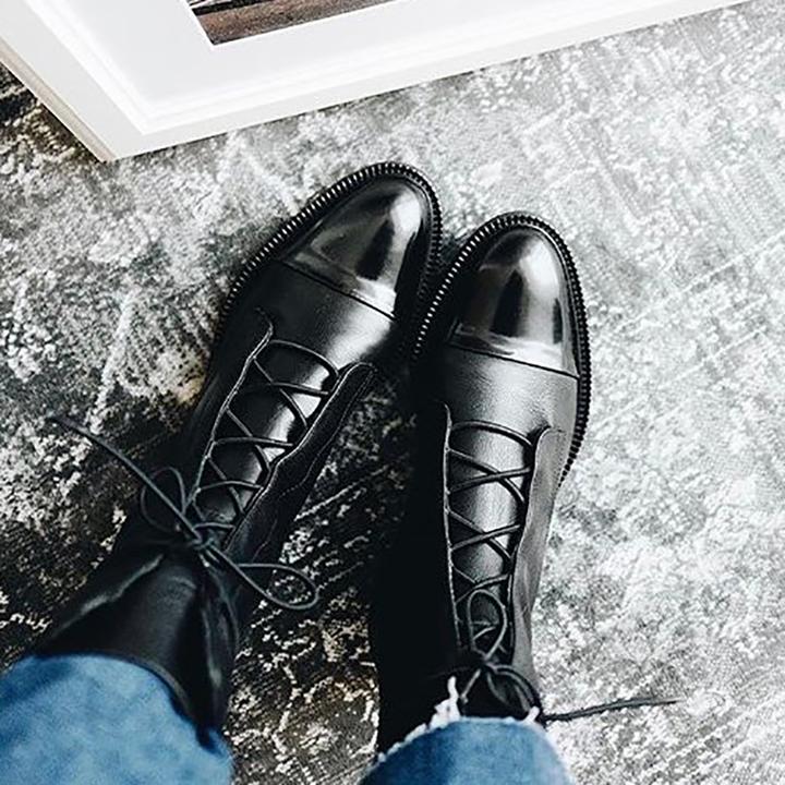 Josephine Women's Leather Ankle Boots – Lace Up Block Heel Zip Boots