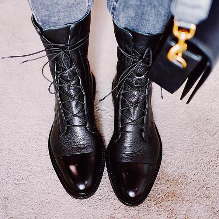 Josephine Women's Leather Ankle Boots – Lace Up Block Heel Zip Boots