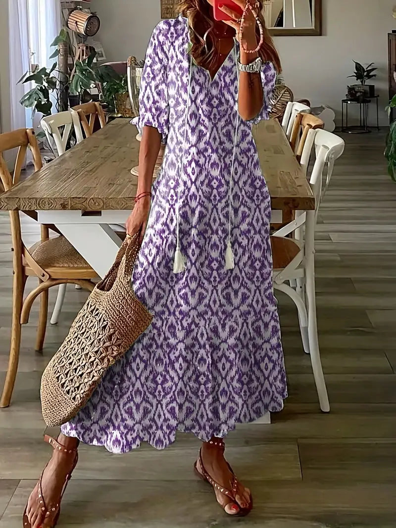 Primrose Women's Boho Maxi Dress – Ikat Print V-Neck Frill Summer Dress