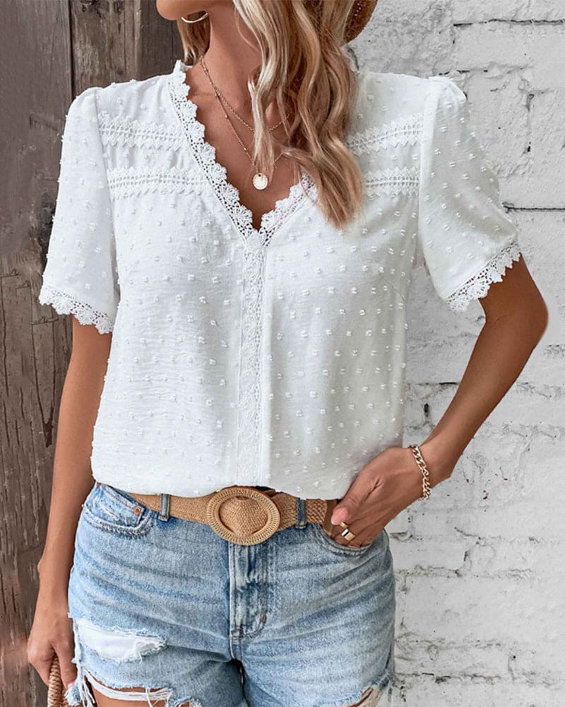 Abigail Women's Cotton Lace Blouse – Vintage Puff Sleeve Round Neck Top