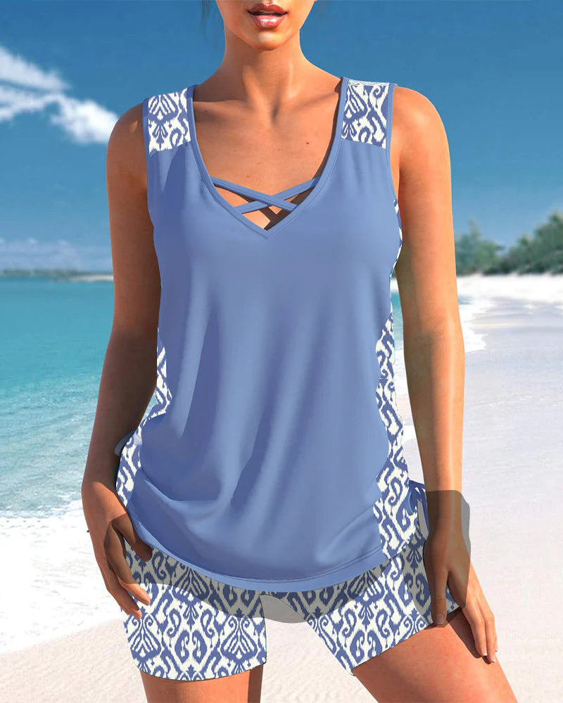 Lanie Women's Tankini Set – Geometric Print Tummy Coverage Swimwear with Shorts