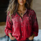 Elise Women's Vintage Blouse – Ethnic Print Button Up Long Sleeve Shirt