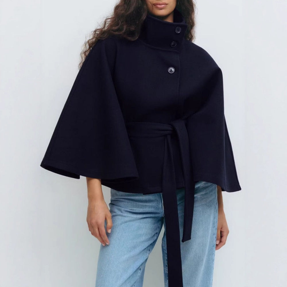 Evelyn Women's Cape Coat – Belted High Neck Elegant Winter Overcoat