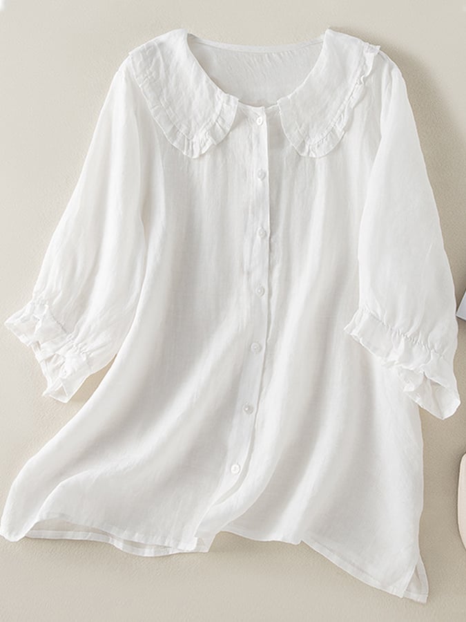 Phoebe Women's Cotton Linen Blouse – Frill Peter Pan Collar Relaxed Fit Shirt