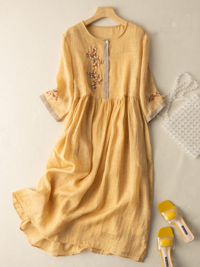 Rosalind Women's Cotton Linen Dress – Embroidered Boho Ethnic Midi Dress