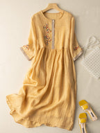 Rosalind Women's Cotton Linen Dress – Embroidered Boho Ethnic Midi Dress