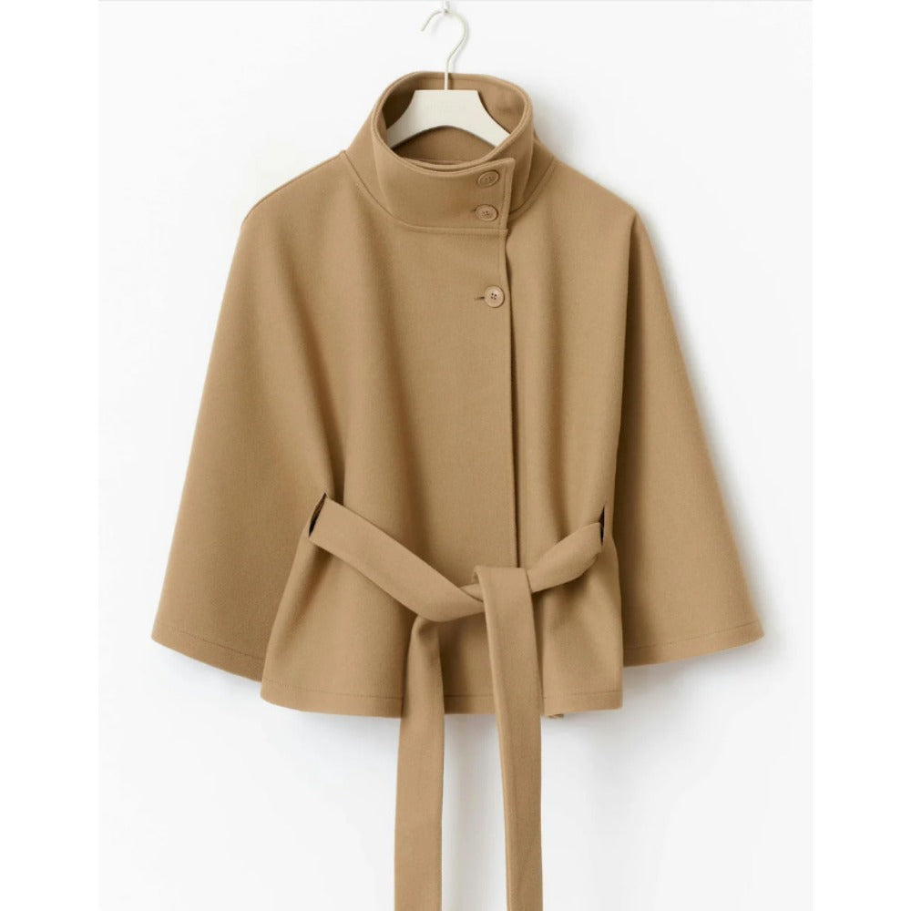 Evelyn Women's Cape Coat – Belted High Neck Elegant Winter Overcoat