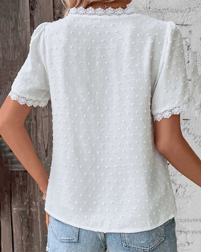 Abigail Women's Cotton Lace Blouse – Vintage Puff Sleeve Round Neck Top