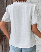 Abigail Women's Cotton Lace Blouse – Vintage Puff Sleeve Round Neck Top
