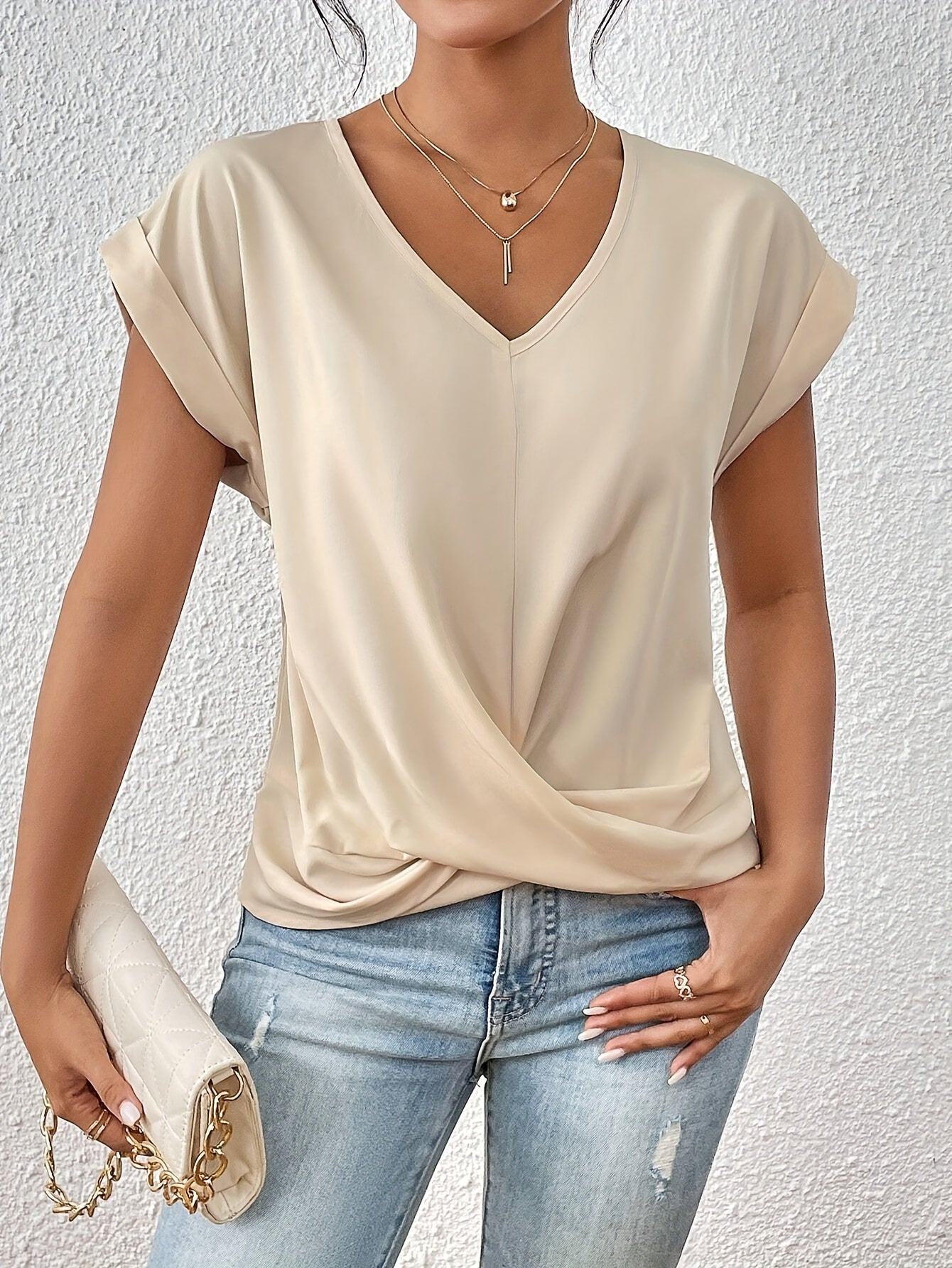 Harriet Women's V-Neck Top – Elegant Knotted Detail & Flattering Draped Fit