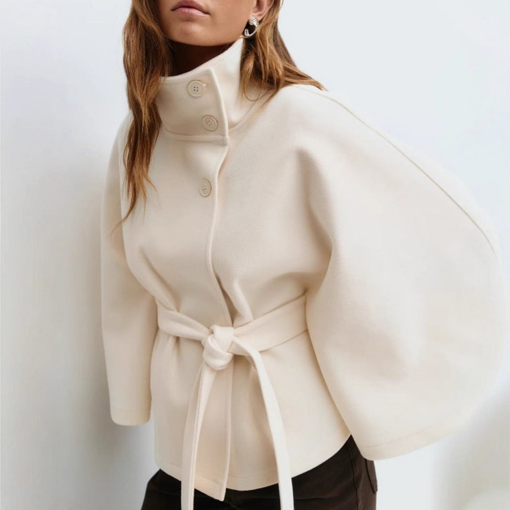 Evelyn Women's Cape Coat – Belted High Neck Elegant Winter Overcoat