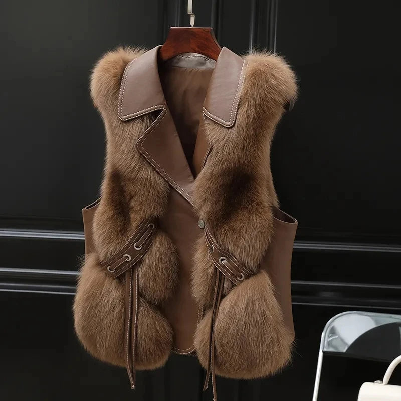Hazel Women's Faux Fur Gilet – Oversized Lapel Tie Waist Smart Casual Vest