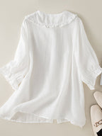 Phoebe Women's Cotton Linen Blouse – Frill Peter Pan Collar Relaxed Fit Shirt