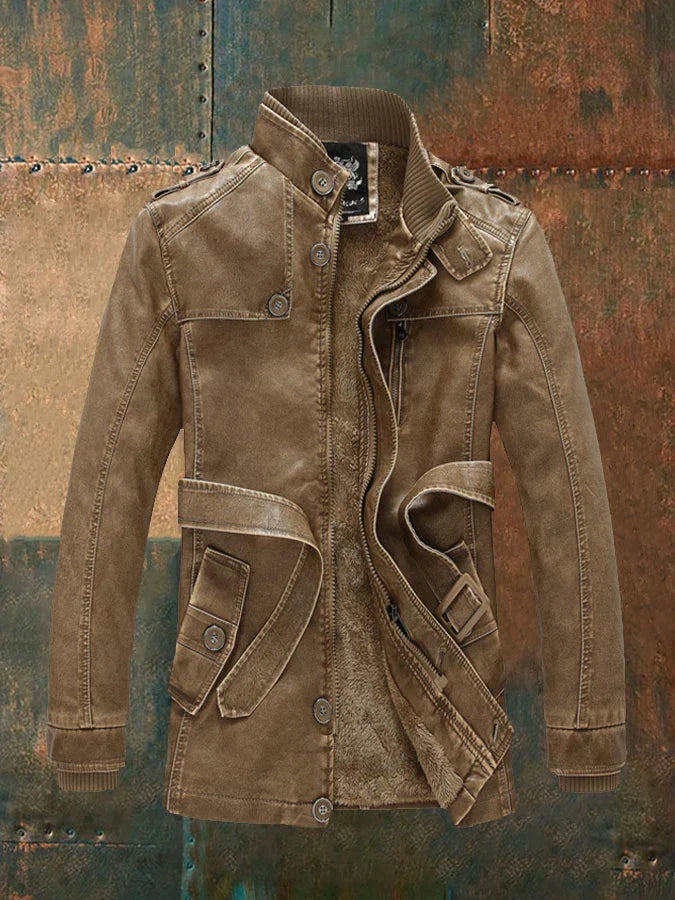Marlowe Men's Vintage Leather Jacket – Button Detail, Zip Front & Warm Lining