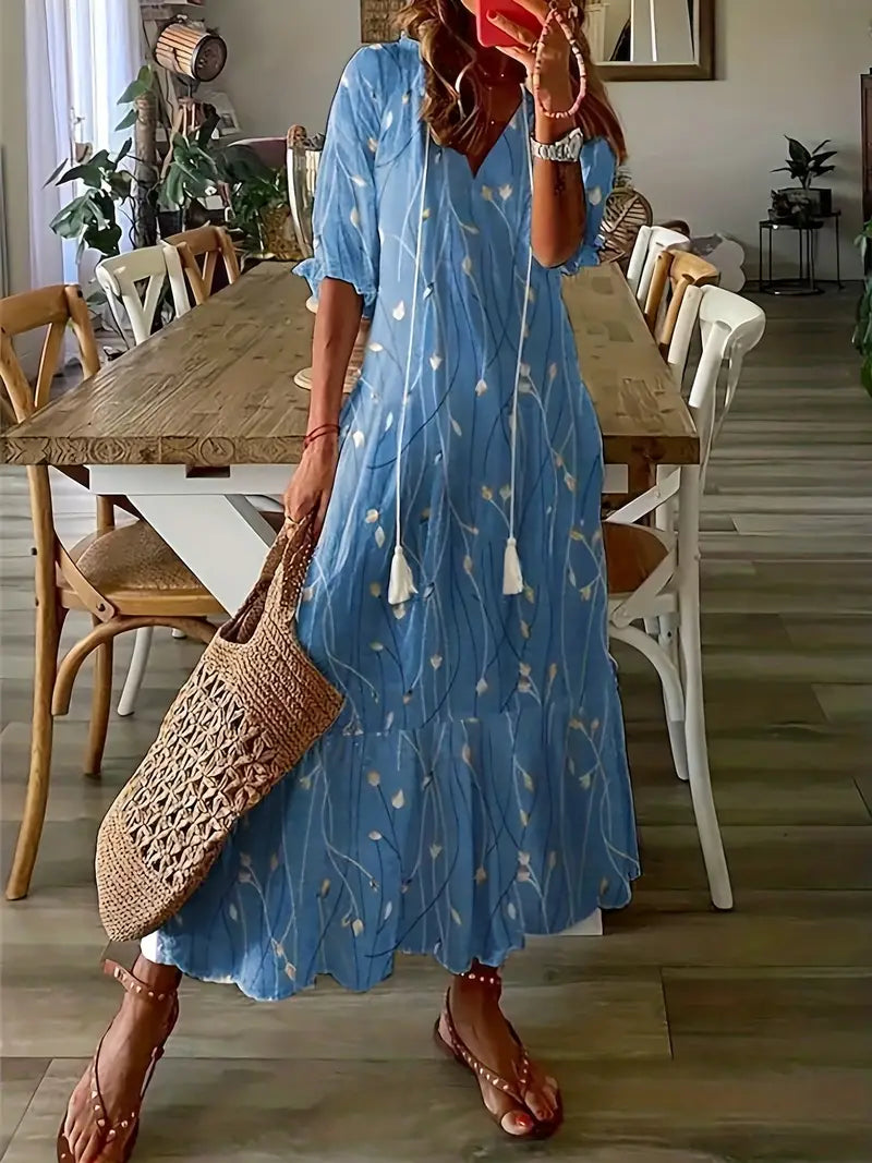 Primrose Women's Boho Maxi Dress – Ikat Print V-Neck Frill Summer Dress