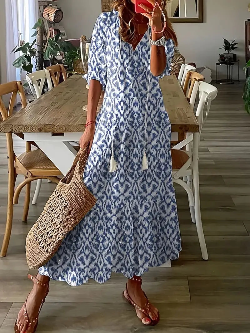 Primrose Women's Boho Maxi Dress – Ikat Print V-Neck Frill Summer Dress