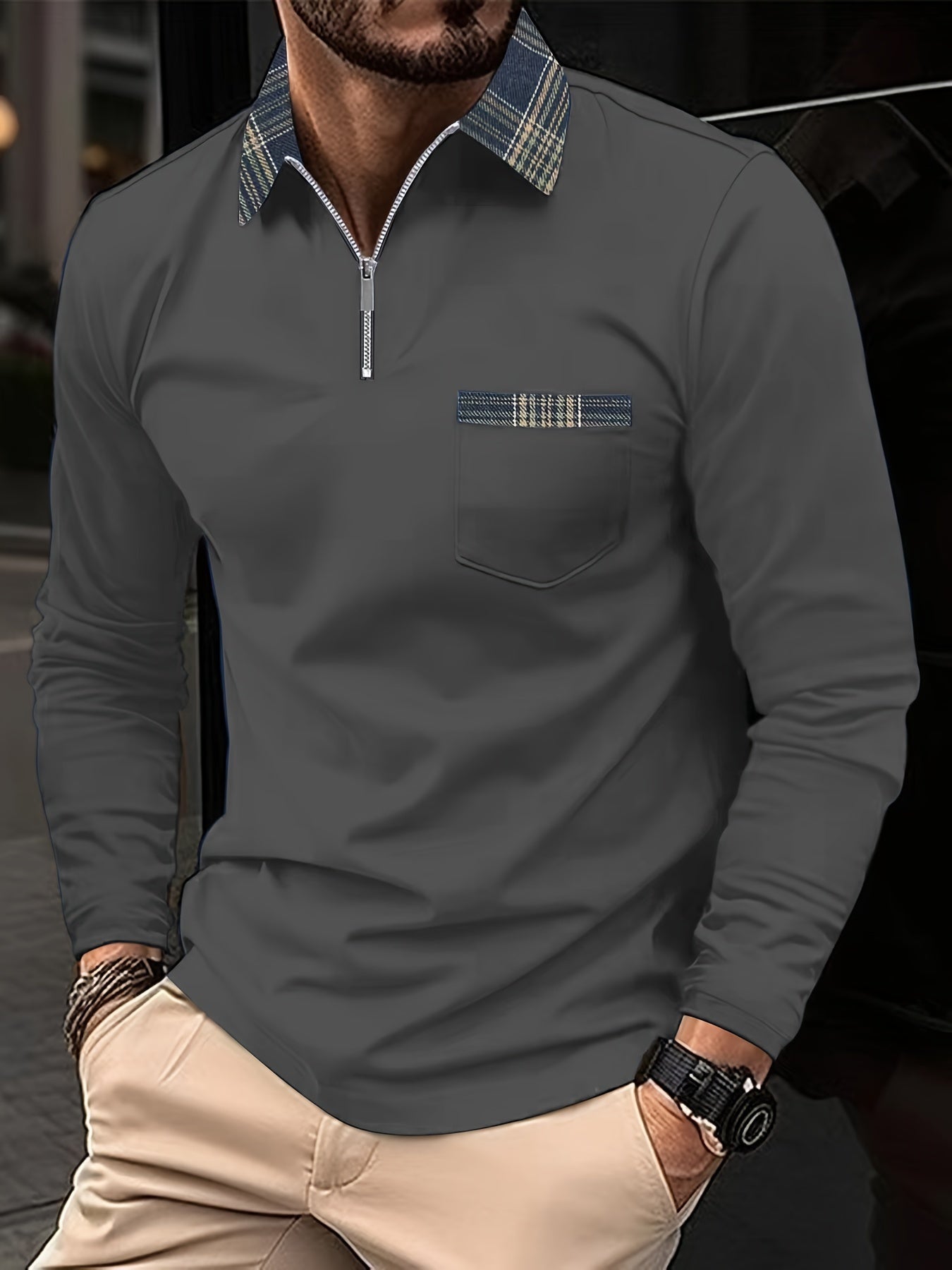 Simon Men's Long Sleeve Polo Shirt – Quarter Zip Checked Smart Casual Top