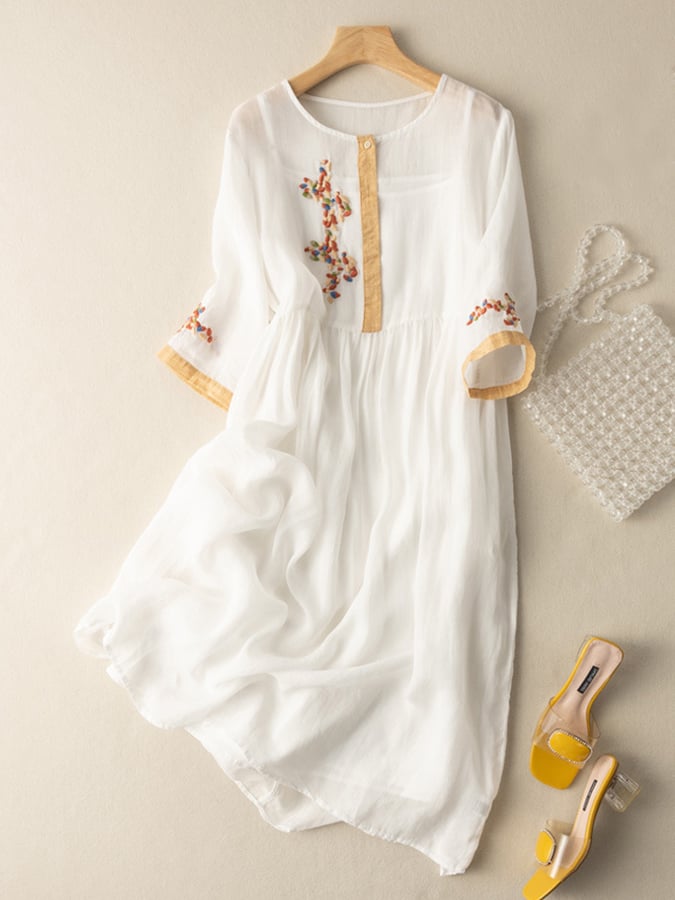 Rosalind Women's Cotton Linen Dress – Embroidered Boho Ethnic Midi Dress