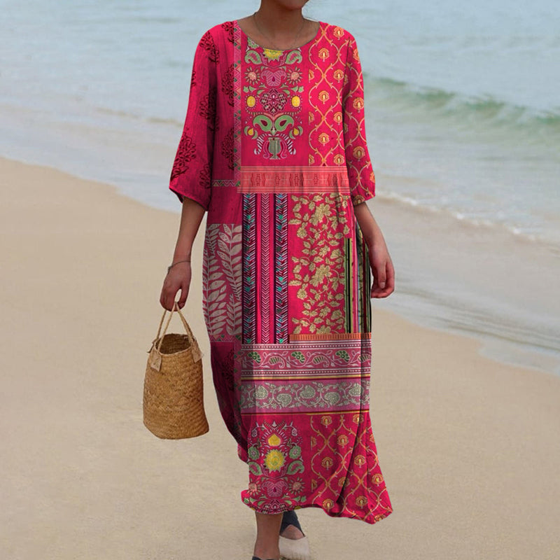 Claris Women's Boho Maxi Dress – Cotton Ethnic Print Summer Holiday Dress