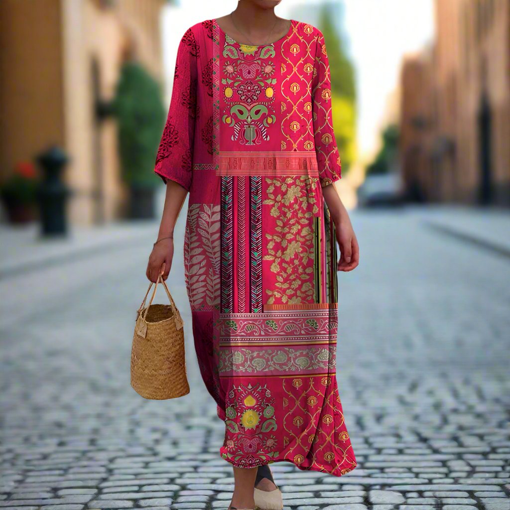 Claris Women's Boho Maxi Dress – Cotton Ethnic Print Summer Holiday Dress