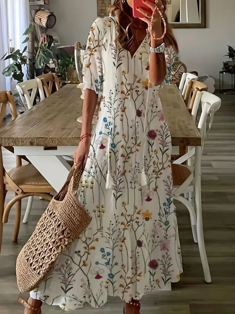 Primrose Women's Boho Maxi Dress – Ikat Print V-Neck Frill Summer Dress