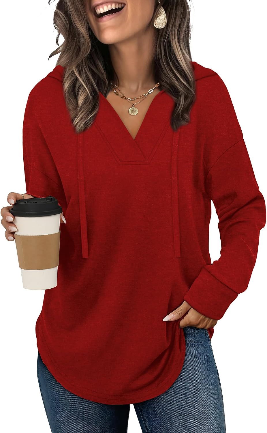 Linnea Women's V-Neck Hoodie – Long Sleeve Relaxed High-Low Pullover Top