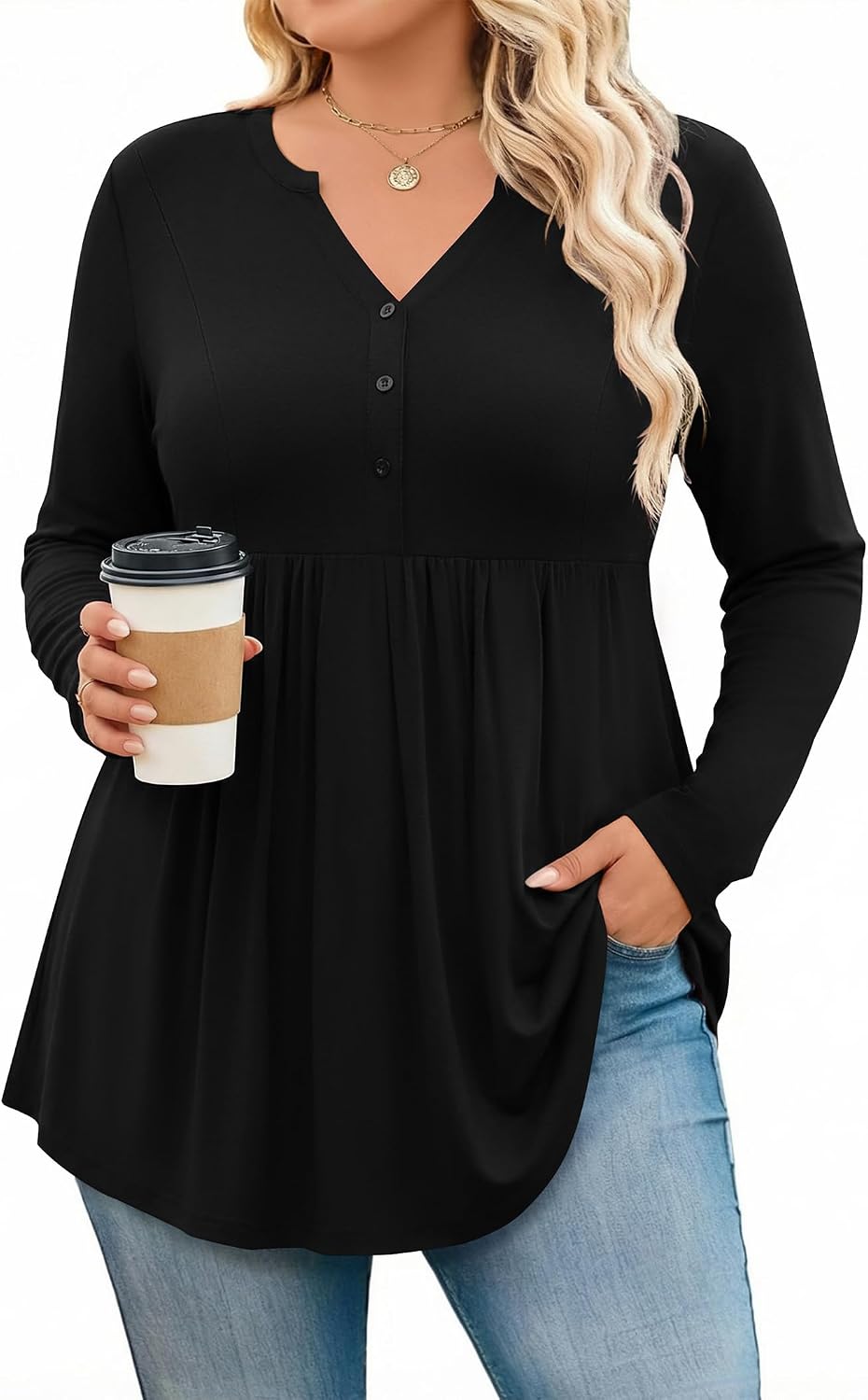 Estelle Women's Henley Tunic Top – Pleated V-Neck Long Sleeve Plus Size Blouse