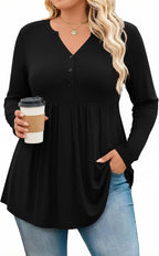 Estelle Women's Henley Tunic Top – Pleated V-Neck Long Sleeve Plus Size Blouse