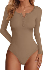 Darcy Women's Ribbed Bodysuit – Slim Fit Long Sleeve Henley Top with Button Front