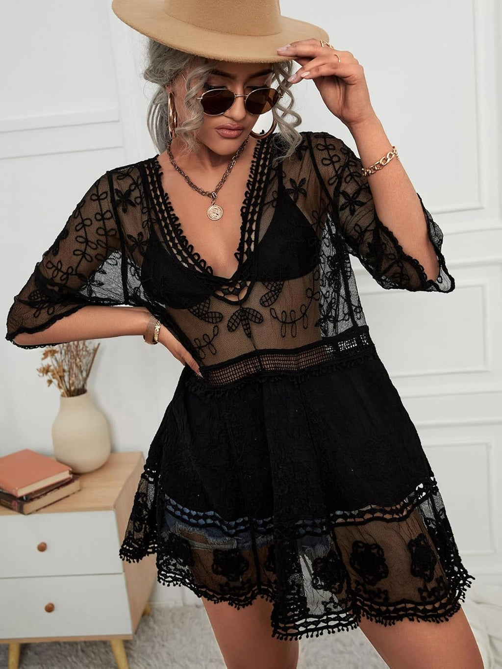 Vivienne Women's Lace Beach Cover Up – V Neck Sheer Swimwear Kaftan Dress