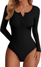 Darcy Women's Ribbed Bodysuit – Slim Fit Long Sleeve Henley Top with Button Front