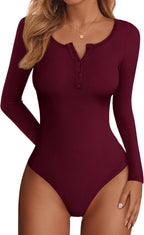 Darcy Women's Ribbed Bodysuit – Slim Fit Long Sleeve Henley Top with Button Front