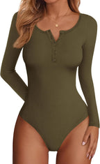 Darcy Women's Ribbed Bodysuit – Slim Fit Long Sleeve Henley Top with Button Front