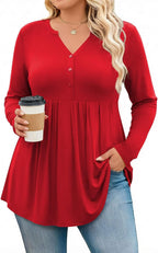 Estelle Women's Henley Tunic Top – Pleated V-Neck Long Sleeve Plus Size Blouse