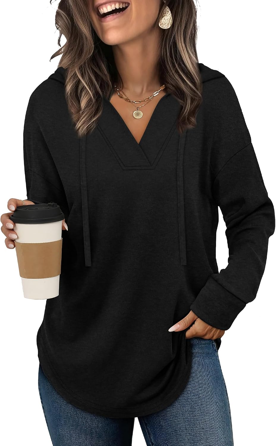 Linnea Women's V-Neck Hoodie – Long Sleeve Relaxed High-Low Pullover Top