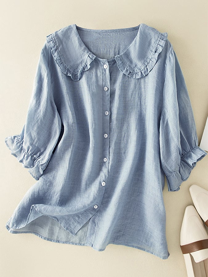 Phoebe Women's Cotton Linen Blouse – Frill Peter Pan Collar Relaxed Fit Shirt